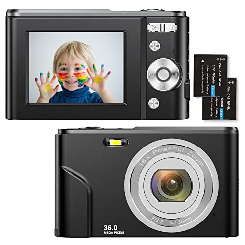 Compact Digital Cameras 1080P HD Camera 36 Mega Pixel 2.4 Inch LCD Rechargeable Vlogging Mini Video Digital Camera 16x Digital Zoom, for Adults, Elderly, Children (Black)