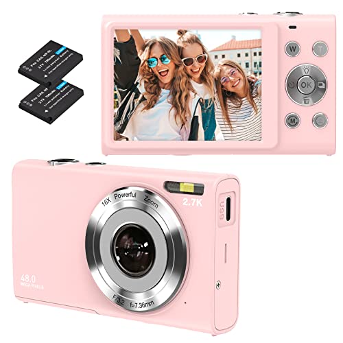 Compact Digital Cameras, Auto Focus 2.7K 48MP Digital Camera Anti-Shake Camera, 16x Zoom, 2.8 Inch Multifunctional IPS Screen with 2 700mAh Batteries (Pink)