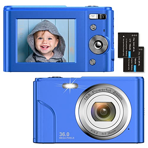 Compact Digital Cameras 1080P HD Camera 36 Mega Pixel 2.4 Inch LCD Rechargeable Vlogging Mini Video Digital Camera 16x Digital Zoom, for Adults, Elderly, Children (Blue)