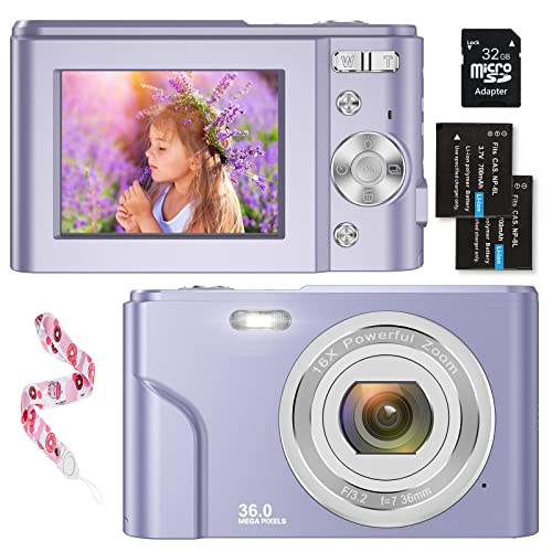 Compact Digital Cameras 1080P HD Camera 36MP 2.4 '' LCD Rechargeable Vlogging Video Digital Cameras 16x Digital Zoom with SD Card for Adults, Kids (Purple)