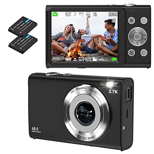 Compact Digital Cameras, Auto Focus 2.7K 48MP Digital Camera Anti-Shake Camera, 16x Zoom, 2.8 Inch Multifunctional IPS Screen with 2 700mAh Batteries (Black)