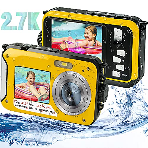 iSunFun Underwater Camera 48MP Full HD 2.7K Digital Underwater Camera Dual Screen Digital Underwater Camera (Yellow)