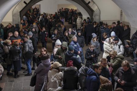 Kyiv residents sheltered in the subway yesterday morning during a Russian bombardment