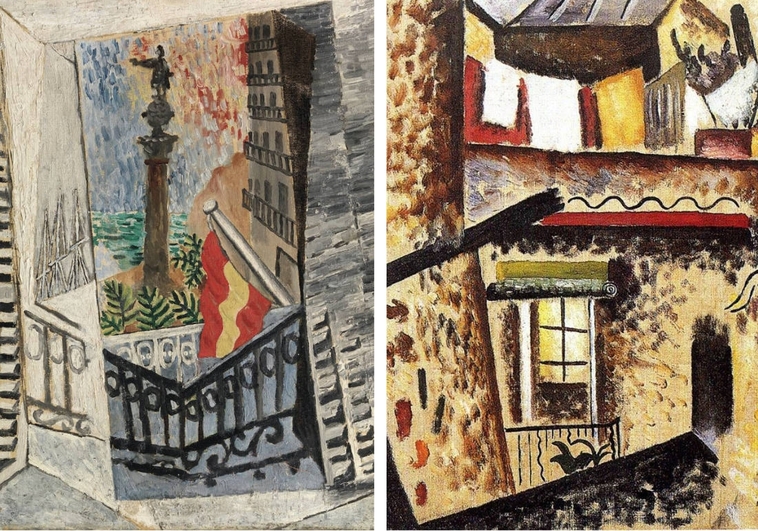On the left, 'Paseo Colon in Barcelona, ​​autumn 1917', by Picasso.  On the right 'Le balcon, Baix de Sant Pere', a work by Miro also from 1917